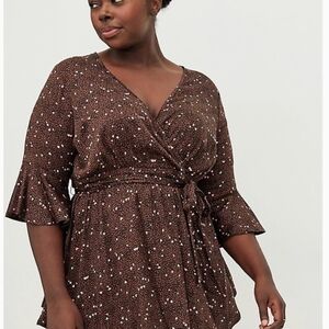 Torrid 2 Long Sleeve Top Brown Wrap Tunic Animal Print & Hearts Tie Waist Shirt